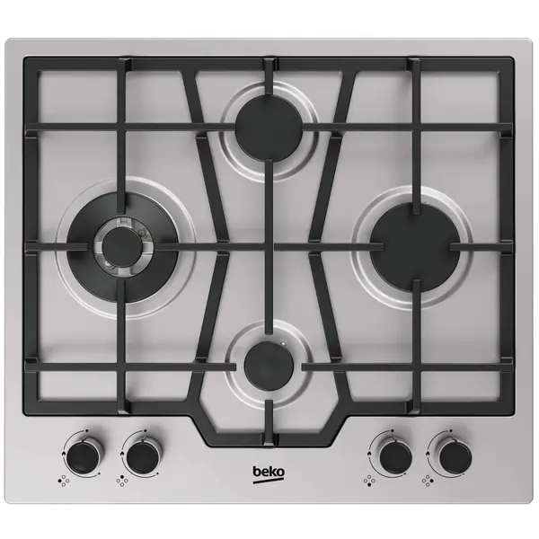 Plita incorporabila Beko HIAW642210X, 4 arzatoare, Arzator Wok, Gaz, Gratar fonta, Flame Adjust, Inox