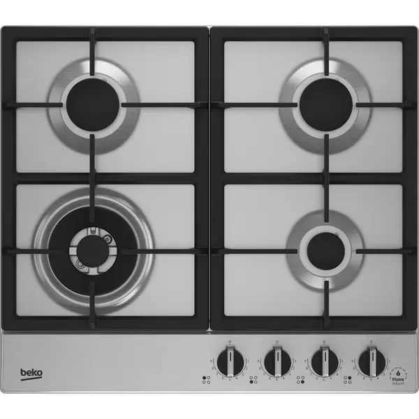 Plita incorporabila Beko HIAW64325SX, Gaz, 4 arzatoare, Wok, FlameAdjust, Gratare fonta