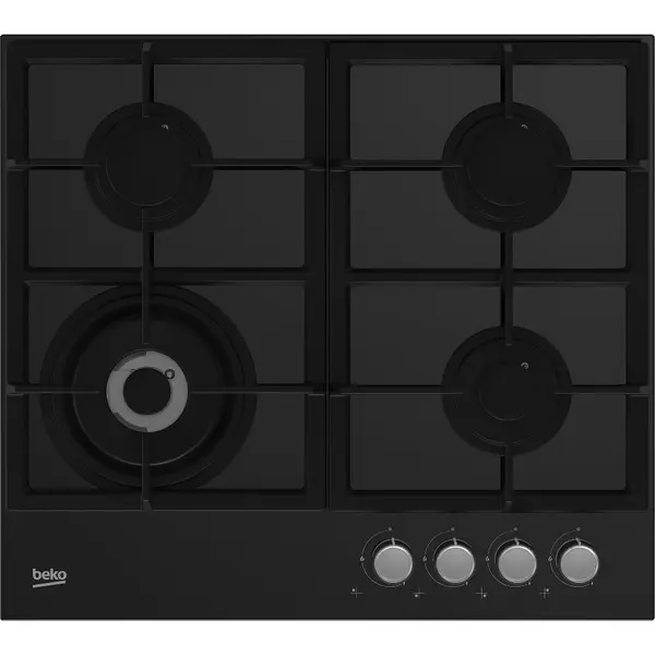 Plita incorporabila Beko HILW64225S, 4 arzatoare gaz, WoK, Gratar din fonta, Siguranta flacara, 60 cm, Sticla neagra