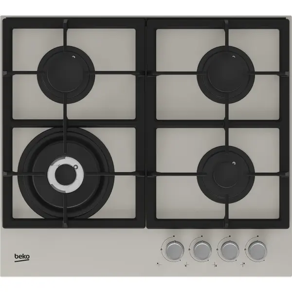 Plita incorporabila Beko HILW64225SBG, Gaz, 4 arzatoare, WoK, Gratar fonta, Aprindere integrala, Benita Grey