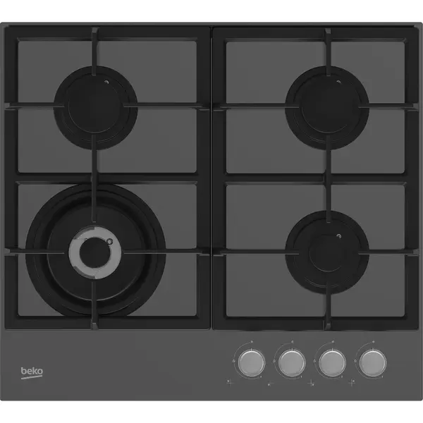 Plita incorporabila Beko HILW64225SZG, Gaz, 4 arzatoare, Arzator Wok, Gratar fonta, 60 cm, Zara Grey