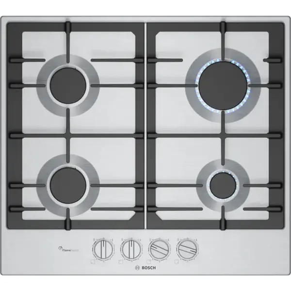 Plita incorporabila Bosch PCP6A5I90, Gaz, 4 zone de gatit, Flame Select, Suporturi fonta, Culoare Inox