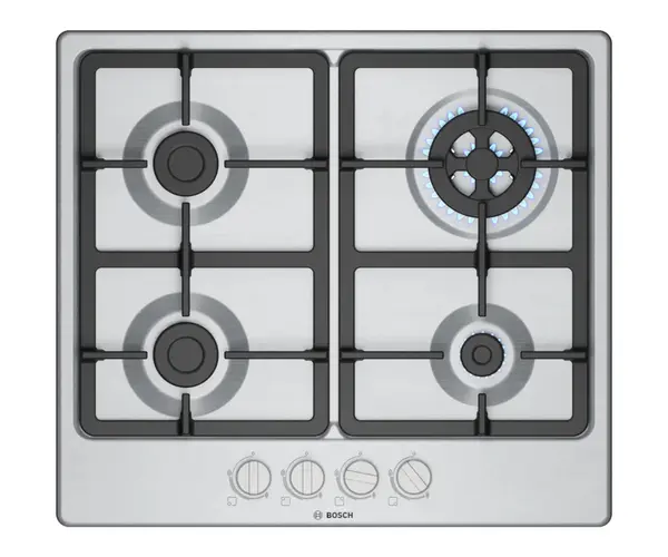 Plita incorporabila Bosch PGH6B5K90, Gaz, 4 arzatoare, Arzator Wok, 60 cm, Gratar Fonta, Culoare Inox