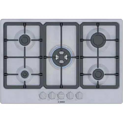 Plita incorporabila Bosch PGQ7B5K90, Gaz, 5 arzatoare, Arzator Wok, Gratar fonta, 75 cm (Inox)