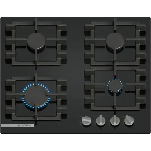 Plita incorporabila Bosch PNN6B6K40, Gaz, 4 arzatoare, Gratar fonta, 60 cm, Quartz (Negru)