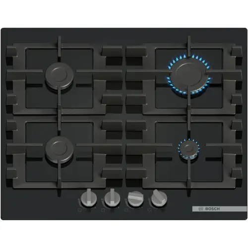 Plita incorporabila Bosch PNP6B6K40, Gaz, 4 arazatoare, Gratar fonta, 60 cm, Sticla (Negru)