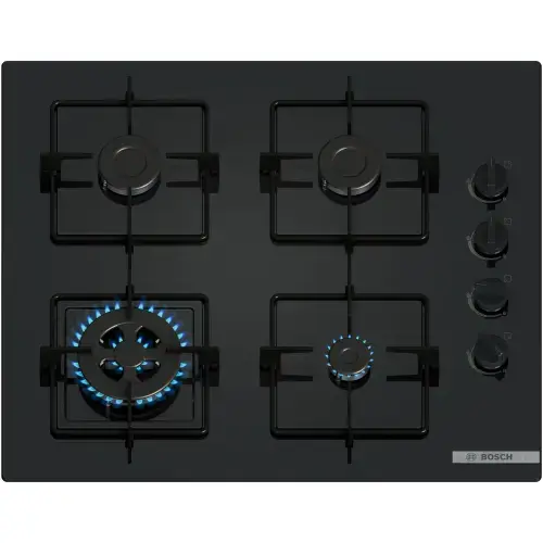 Plita incorporabila Bosch POH6B6K30, Gaz, 4 arzatoare, Arzator Wok, Gratar otel, 60 cm, Sticla (Negru)