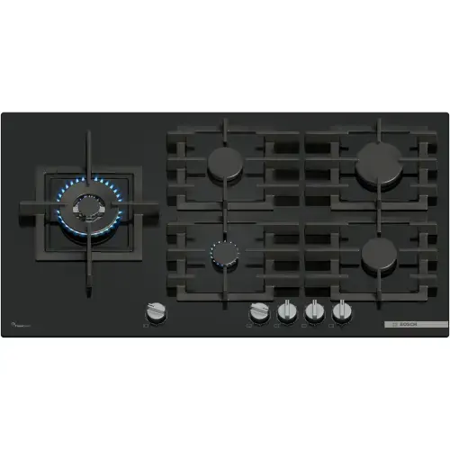 Plita incorporabila Bosch PPM9A6I40, 5 arzatoare, Flame select, Arzator Wok, Gratar fonta, 90 cm, Sticla (Negru)