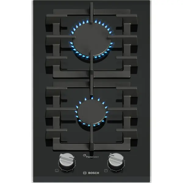 Plita incorporabila Bosch PRB3A6I40, Gaz, 2 zone de gatit, Vitroceramica, Flame Select, Comfort Design, Siguranta, Negru