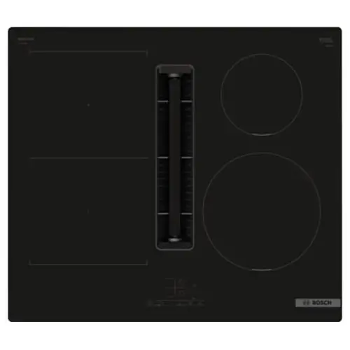 Plita incorporabila Bosch PVS611B16E, Inductie, 4 zone de gatit, Hota incorporata, Putere de absorbtie 622 mc/h, Touch control, CombiZone, QuickStart, 60 cm (Negru)