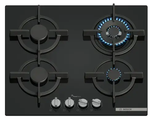 Plita incorporabila BOSCH Seria 6 PPH6A6I10, Gaz, 4 arzatoare, 8000 W, 9 niveluri putere, 59 cm (Negru)