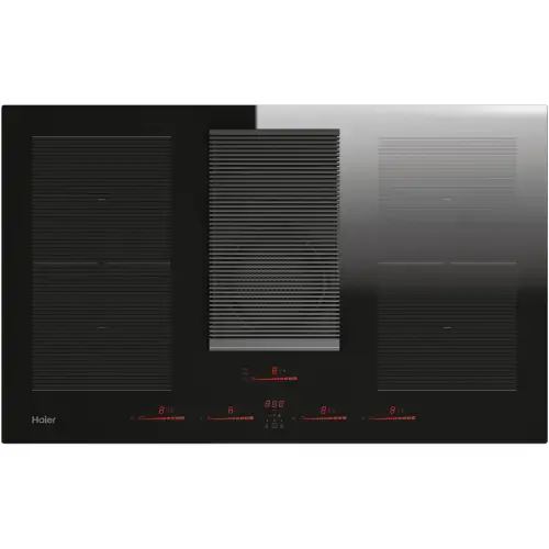 Plita incorporabila cu hota inclusa Haier HAIH8IFMCE, Inductie (tip hota: evacuare), Clasa A, 4 zone de gatit, Double Bridge Zone, Control tactil multislider, Indicator de caldura reziduala, Timmer, Booster, Incalzire automata, Keep warm, 80 cm (Negru)
