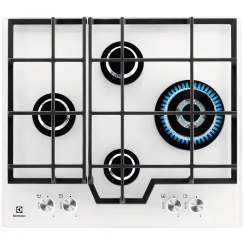 Plita incorporabila Electrolux GME363NV, Gaz, 4 arzatoare, Aprindere electrica integrata, Dispozitiv siguranta, Gratare fonta, 60 cm (Alb)