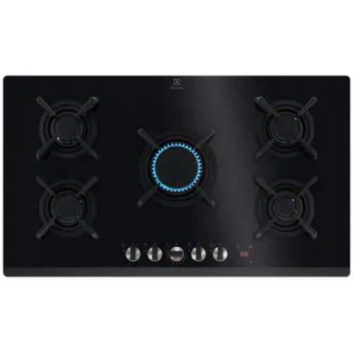 Plita incorporabila Electrolux KGG953753K, Gaz, 5 arzatoare, Aprindere electrica, Gratare fonta, Timer electronic, Conectivitate hota, 90 cm (Negru)