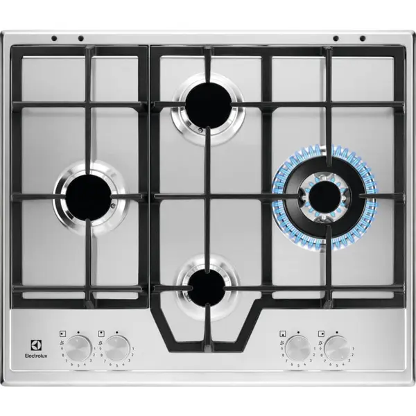Plita incorporabila Electrolux KGS64562SX, Gaz, 4 Arzatoare, Arzator Wok, Gratare fonta, Inox