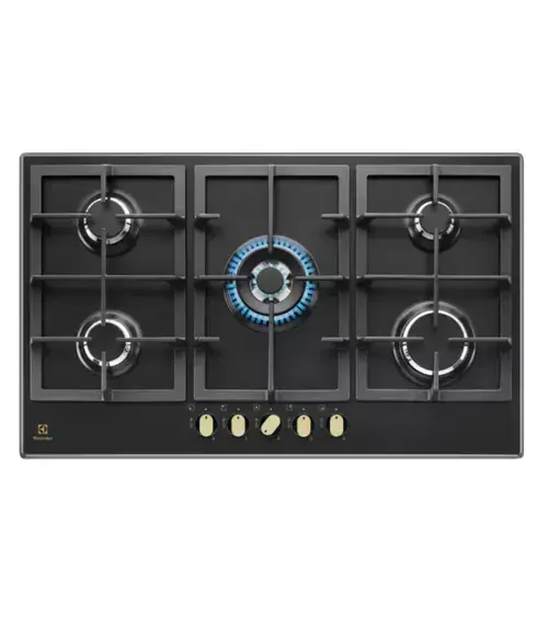 Plita incorporabila Electrolux KGS9536RN, Gaz, 90 cm, 5 arzatoare gaz, Arzator Wok, Aprindere electrica integrata, Control cu butoane frontal, Dispozitiv siguranta, Gratare de fonta, Rustic (Negru)