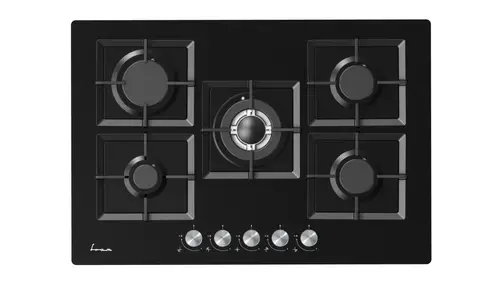 Plita incorporabila FRAM FBH-M705IWF-GBK, Gaz, 5 arzatoare, Wok, Aprindere electrica, Gratar fonta, Sticla (Negru)