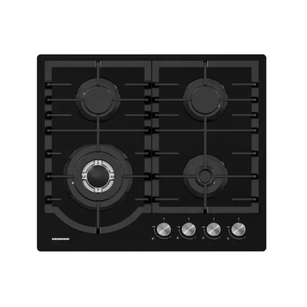 Plita incorporabila Heinner HBH-M447IWFGBK, Aprindere electrica, Gaz, 4 arzatoare, Arzator wok, Gratar fonta, Sticla Neagra