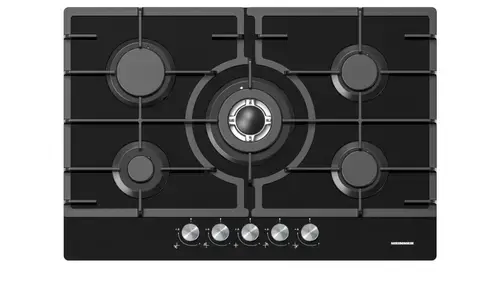 Plita incorporabila Heinner HBH-M705IWFGBK, Gaz, 5 arzatoare, Wok, Aprindere electrica, Sticla (Negru)