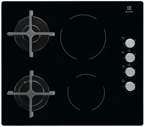 Plita incorporabila mixta Electrolux EGE6172NOK, 2 Zone Gaz, 2 Zone Vitroceramice, Aprindere electrica (Negru)