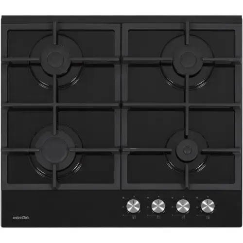Plita incorporabila Nobeltek NHBG-6421BKF, Gaz, 4 arzatoare, Aprindere buton, Gratar fonta, Siguranta arzatoare, 60 cm, Sticla (Negru)