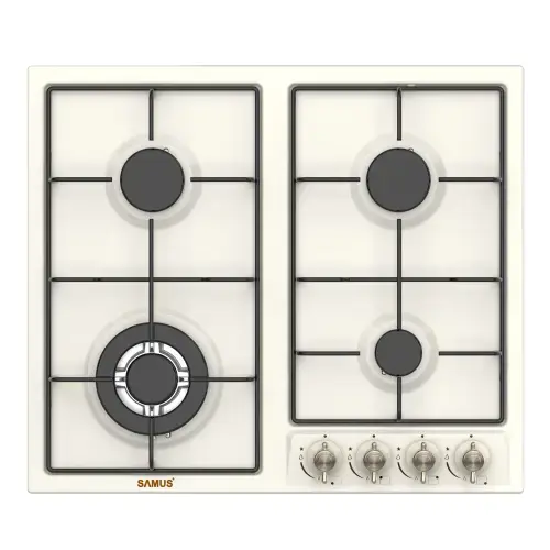 Plita incorporabila rustica SAMUS PSG-64VS3, Gaz, 4 arzatoare, Wok, Gratare metalice, Aprindere electrica, 58 cm (Bej)