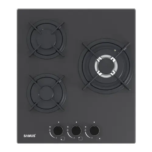 Plita incorporabila SAMUS PSG-43SMGN1, Gaz, 3 arzatoare, Gratare din fonta, Sticla neagra mata (Negru)