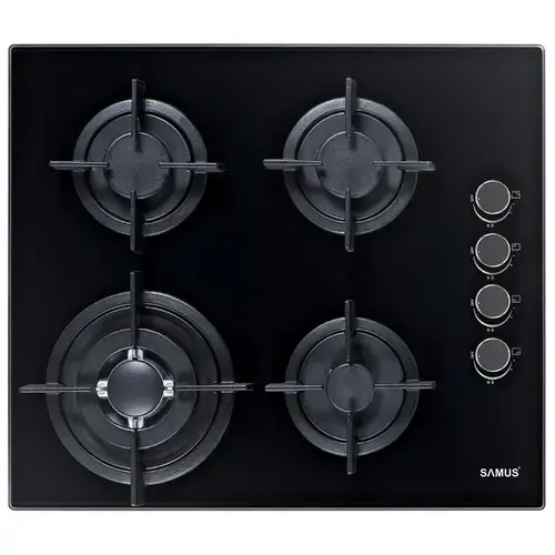 Plita Incorporabila Samus PSG-64SG6, 4 arzatoare, Latime 58 cm, Gratare din fonta individuale, Aprindere electrica (Sticla neagra)