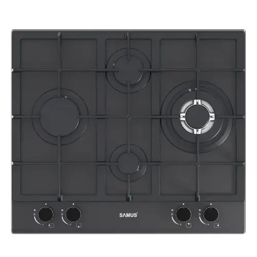 Plita incorporabila SAMUS PSG-64SMGN2, Gaz, 4 arzatoare, Gratare din fonta, Aprindere electrica, Sticla mata, 58 cm (Negru)