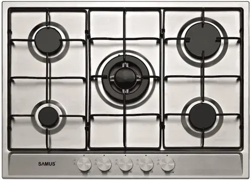 Plita incorporabila Samus PSG-75SX, Gaz, 5 arzatoare, Arzator Wok, Sistem de siguranta (Inox)