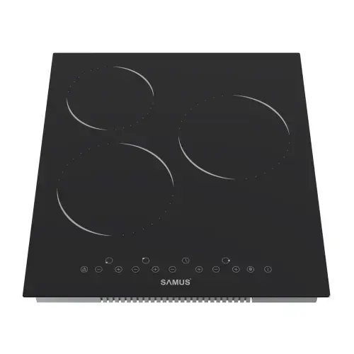 Plita incorporabila SAMUS PSVE-43BMG3, Vitroceramica, 3 arzatoare, Sticla ceramica mata, Panou touch control, 9 trepte, Timer, 4800 W (Negru)