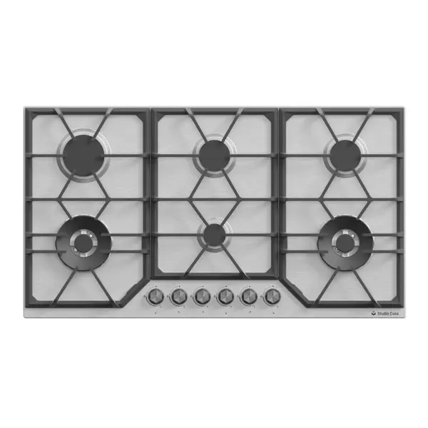 Plita incorporabila Studio Casa Ariana Inox, 90 cm, 6 arzatoare gaz, aprindere electrica, gratare fonta, Inox/Negru