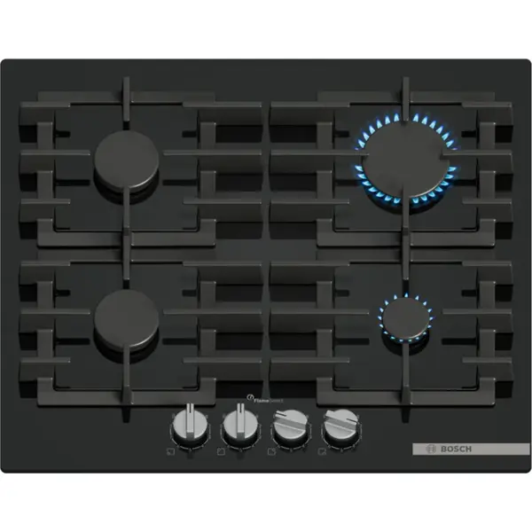 Plita pe gaz Bosch PPP6A6I40, Gaz, 4 arzatoare, Suprafata Quartz, Flame Select, Gratar Fonta, Negru