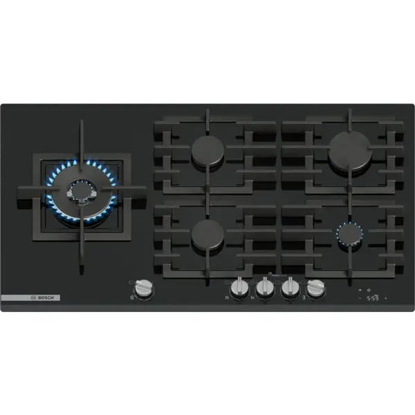 Plita pe gaz Bosch PRS9A6H40, 5 zone de gatit, Tehnologie FlameSelect, Touch control, Home Connect, Quartz, Negru