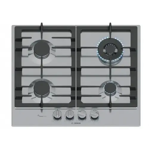 Plita pe Gaz Bosch Serie 6 PCH6A5I90, 582 mm, 4 Arzatoare, FlameSelect, Gratare Fonta, Otel Inoxidabil, Siguranta Gaz (Argintiu)