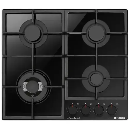 Plita pe gaz Hansa, gaz pe sticla, 60 cm, comenzi frontale, gratare de fonta, arzator WOK, flame control, 9 trepte de putere (Negru)