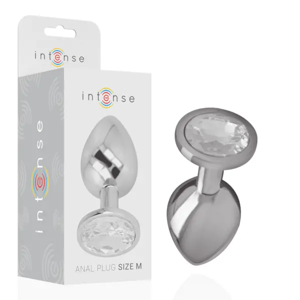 Plug anal Intense – Metalic cu cristal argintiu, mărimea M, 8 cm