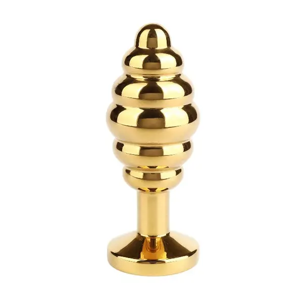 Plug anal MR. STEEL Twister Butt Plug Medium, din oțel inoxidabil, cu striații și bază cu cristal, lungime 7.8 cm (mediu), auriu