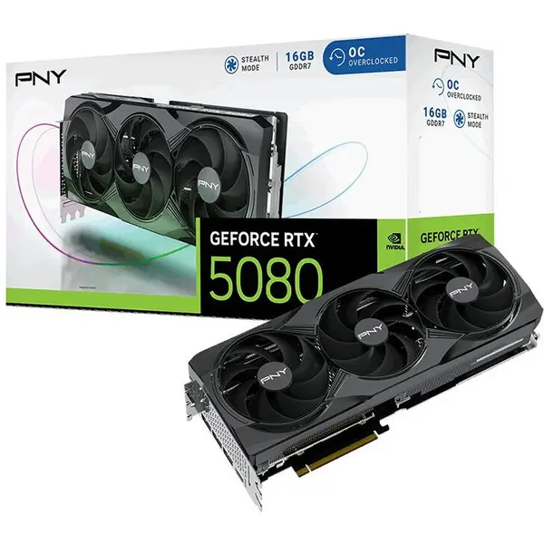 PNY Placa video PNY GeForce RTX 5080, Overclocked, Triple Fan, NVIDIA 16 GB, GDDR7, DLSS 4