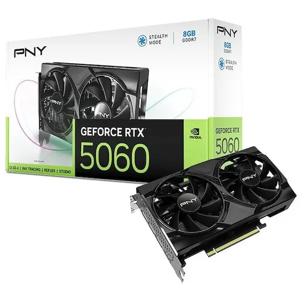 PNY Placa video PNY NVIDIA GeForce RTX5060, 8GB, GDDR7, Dual Fan, 128bit, HDMI, DisplayPort