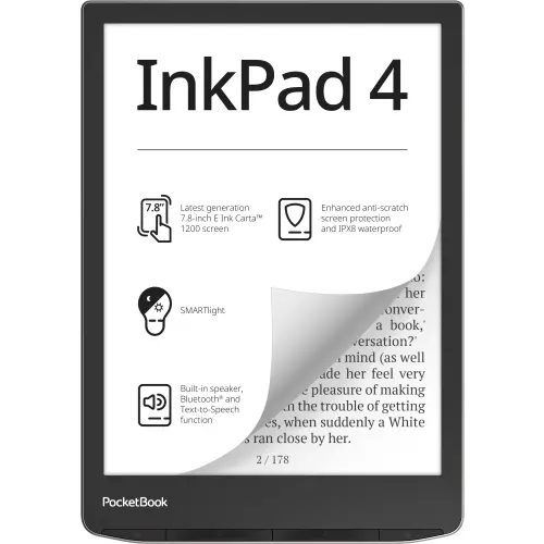 Pocketbook eBook Reader PocketBook InkPad 4 PB743G, ecran tactil 7.8 E Ink Carta 1200, 300dpi, 32GB, SMARTlight, G-sensor, Bluetooth&WiFi, Argintiu