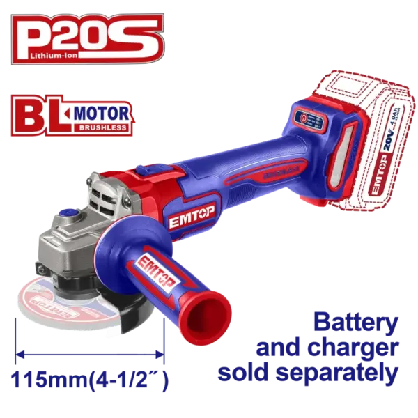 Polizor unghiular fara acumulator si incarcator, motor fara perii (brushless), 115mm - ELAG21154, EMTOP