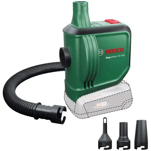 Pompa de aer cu acumulator EasyInflate 18V-500, 18 V, 0.03 bar, 1 psi, 3 kPa, 530 l/min, 3 duze aer, furtun 50 cm, Fara acumulator/incarcator