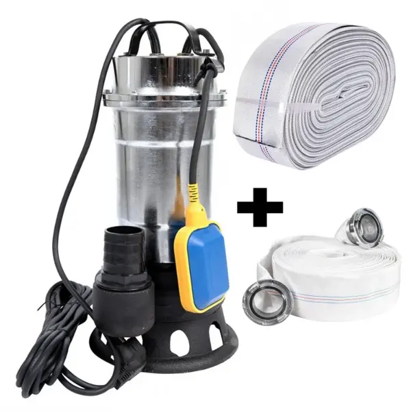 Pompa pentru apa murdara cu plutitor fara tocator, DDT, Inox, SWP2550F, 2550 W, 25 mc h + Furtun pompier, 20 metri, 2 toli + Furtun pompier, 20 metri, 2 toli, cu cuple