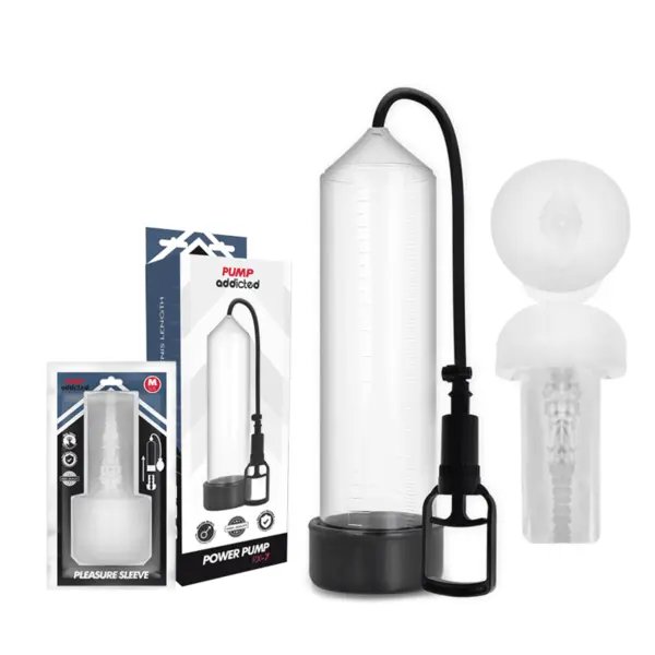 Pompă pentru penis Pump Addicted – RX7, îmbunătățește erecția și mărirește penisul, 24 cm, cu masturbator inclus
