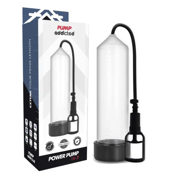 Pompa pentru penis Pump Addicted – RX7 Transparent, din ABS și silicon, îmbunătățește erecția și măriște penisul, 24 cm