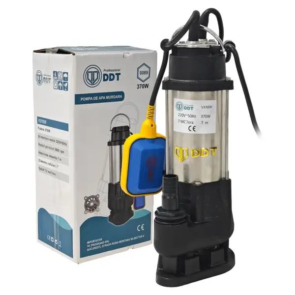 Pompa submersibila cu dublu tocator si plutitor pentru apa murdara,dimensiuni compacte, DDT, V370DF, Inox