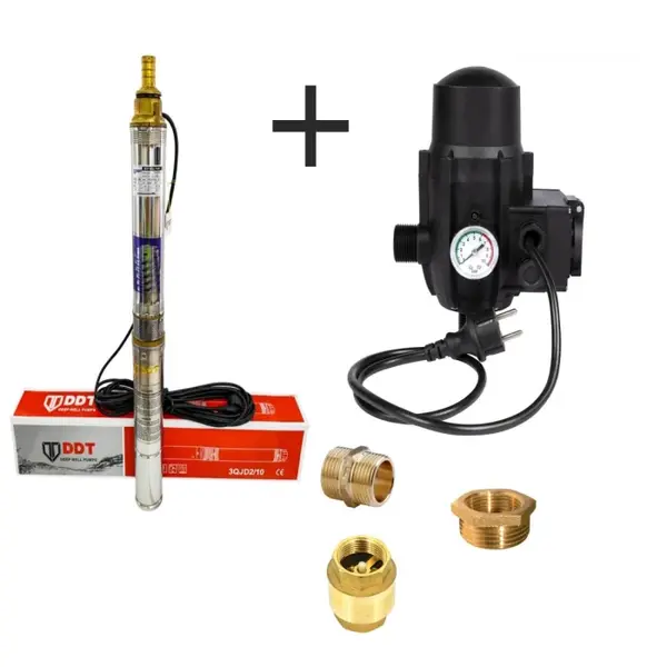 Pompa submersibila, DDT, 3QJD-1.1, 1.1 kW, Inox, 75 mm diametru, 10 turbine + Presostat electronic automat, DDT, LS-4 + accesorii