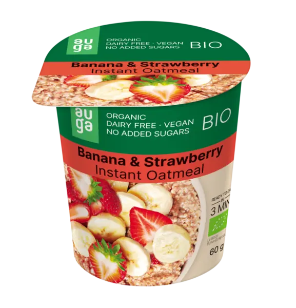 Porridge instant din ovaz integral banane si capsuni, 60g, Auga