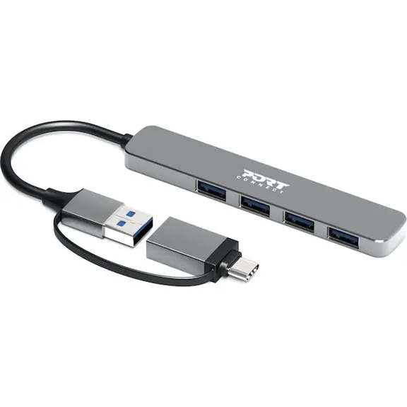 PORT CONNECT Hub USB PORT CONNECT Slim Combo, 4 porturi USB 3.0, USB-A, USB-C